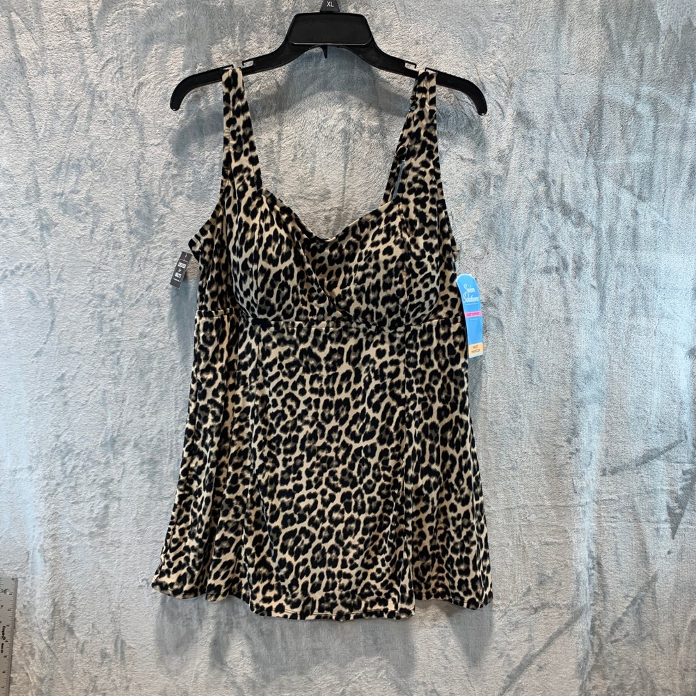 Swim Solutions Womens Leopard Print Square Neck Swimdress Brown Black Size 18 - Picture 1 of 9